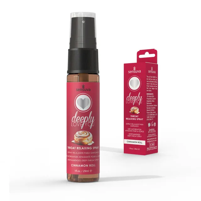 Sensuva Cinnamon Roll spray bottle beside red Deeply Love You carton