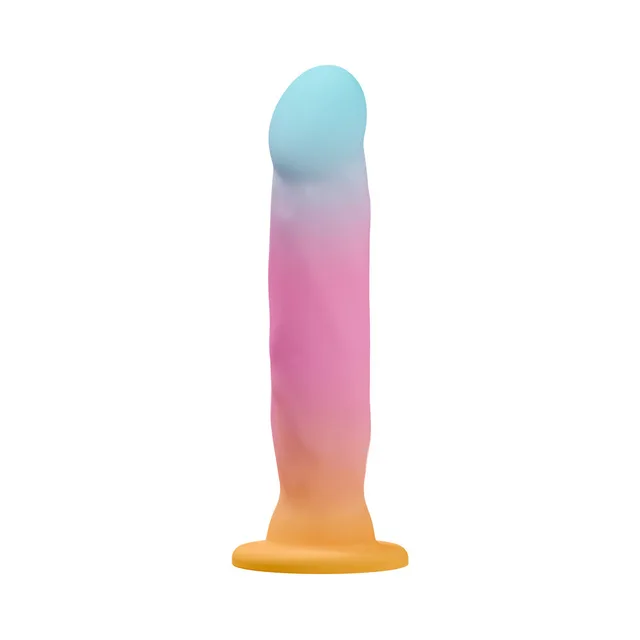 Front view of aqua pink and orange Golden Dawn dildo