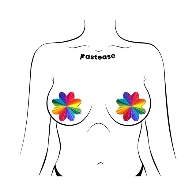 Pastease rainbow kaleidoscope petal breast pasties front placement illustration on a torso outline