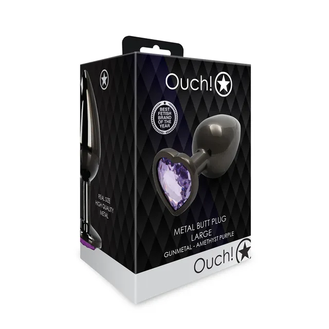 Shots Ouch large gunmetal butt plug with amethyst heart gem angled front retail package