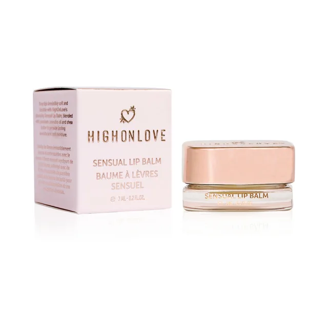 HighOnLove Sensual Lip Balm in rose-gold jar beside pink carton