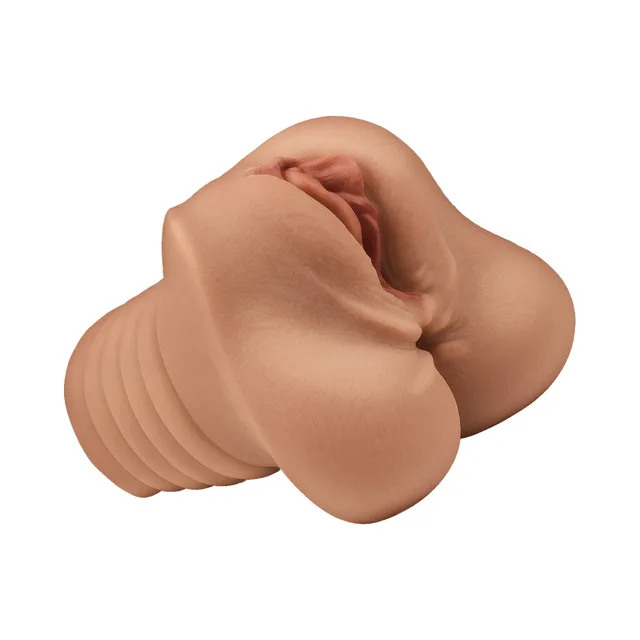 Angled brown Sophie masturbator showing folded opening and ribbed lower body