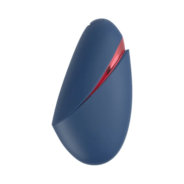 Womanizer Next Liberty blue and red clitoral stimulator closed protective cover in front three-quarter view