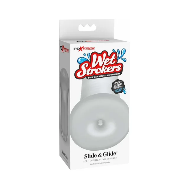 clear PDX Extreme Slide and Glide stroker pictured on white box