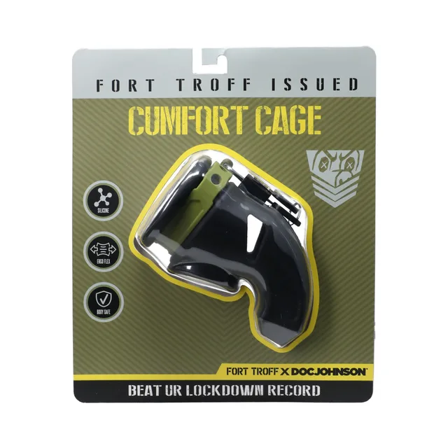 black Fort Troff CUMfort Cage with silver ring hardware on olive display card