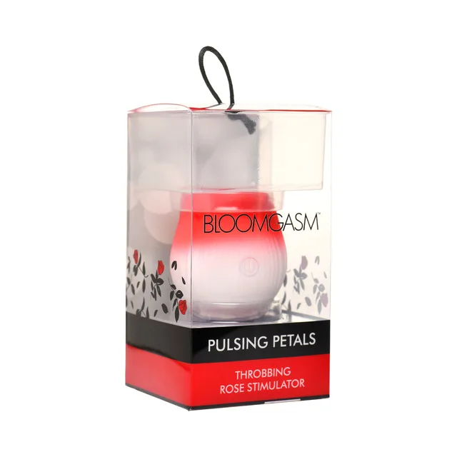 Bloomgasm Pulsing Petals red rose stimulator inside clear cylindrical retail package