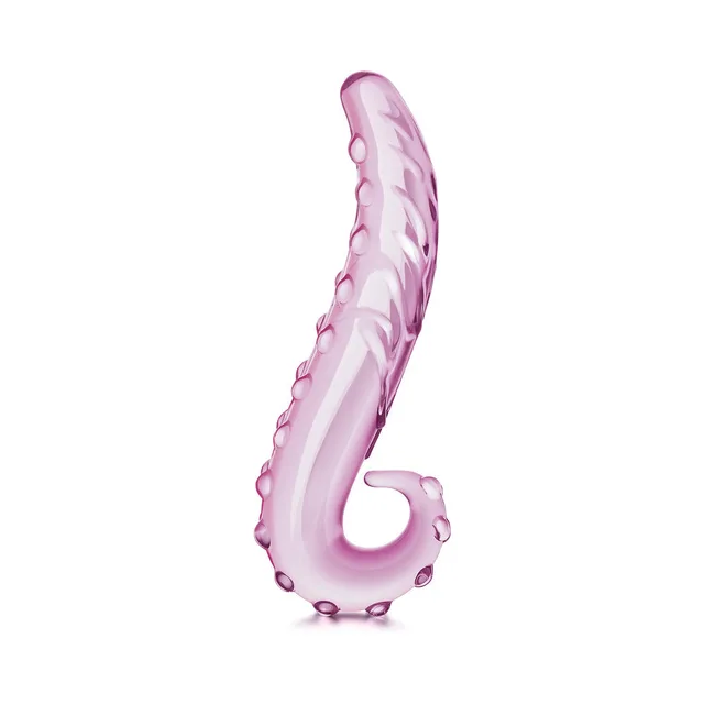Upright pink glass Lick-It with curved shaft and loop handle
