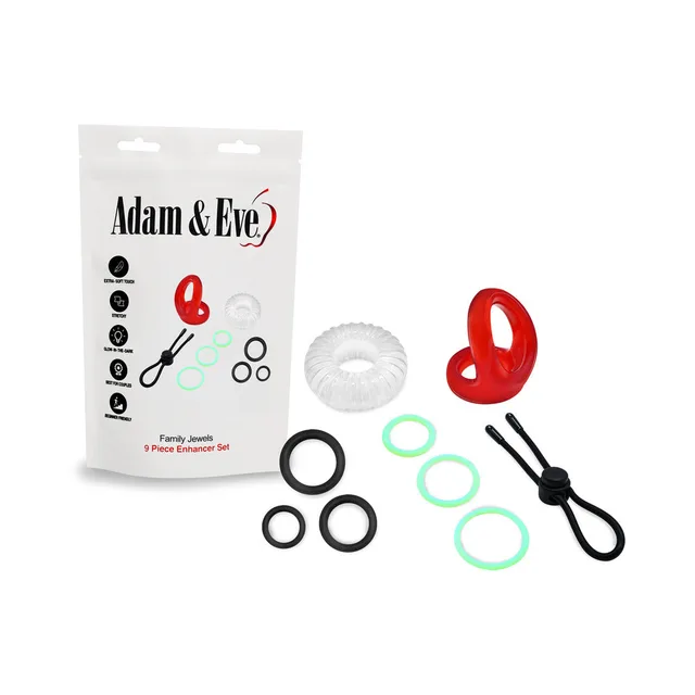 Family Jewels nine-piece enhancer set arranged beside white hanging pouch