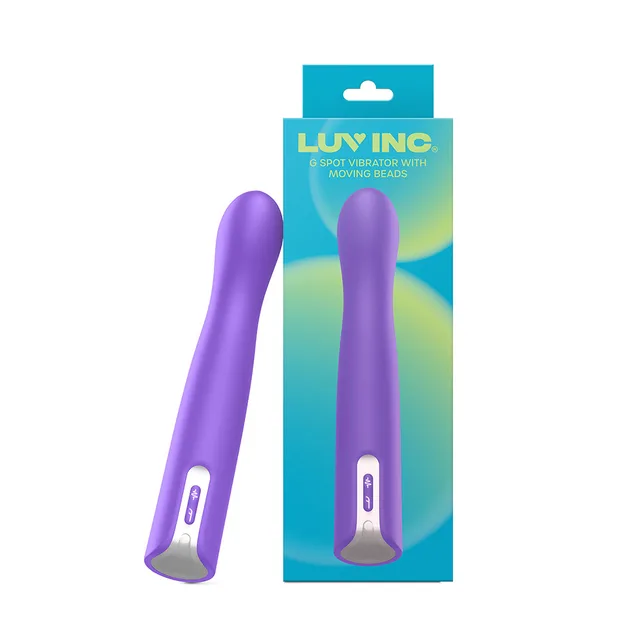Purple Luv Inc GB63 curved G-spot vibrator displayed beside teal package