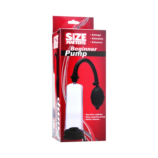 Size Matters Beginner Pump with clear cylinder black bulb and hose on red box