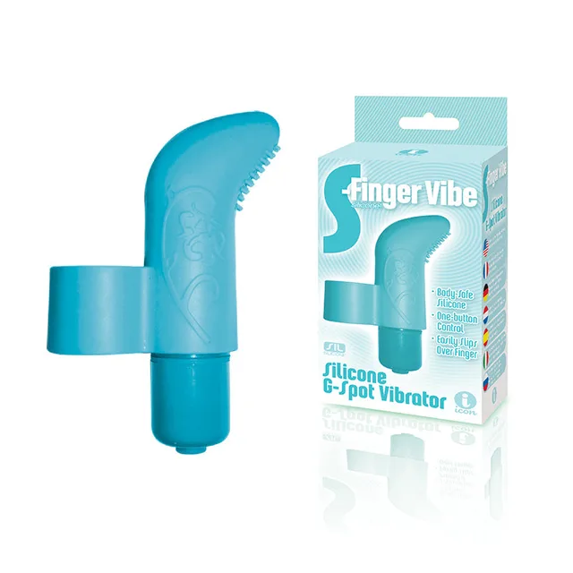 Blue S-Finger vibrator with finger loop beside matching aqua box
