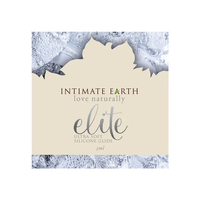 Intimate Earth Elite 3 ml Foil Sample cream packet with gray script and blue water border