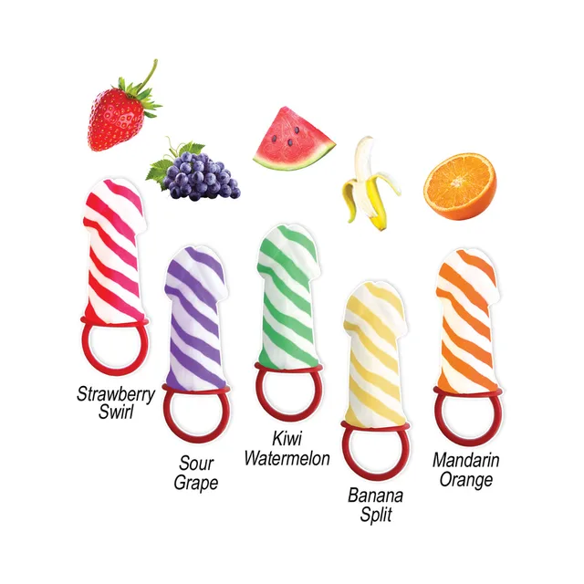 Candy Stripers novelty candy ring pops five striped flavor designs with fruit artwork