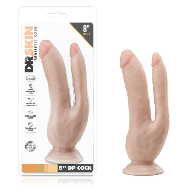 Dr. Skin beige dual entry dildo beside clear retail package