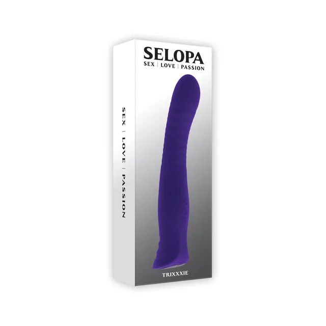Selopa Trixxxie purple textured vibrator inside tall white retail box