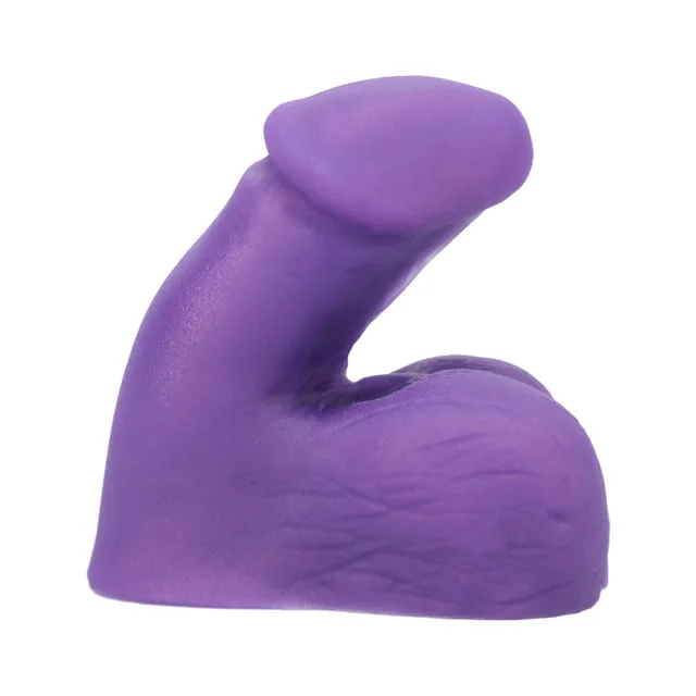 left side profile of amethyst Tantus packer with curved sculpted shaft and broad base