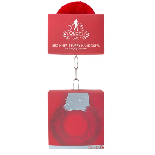 Red Ouch Beginner furry metal handcuffs in clear-front retail package