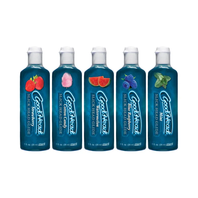 Five blue GoodHead Slick Head Glide bottles with assorted labels