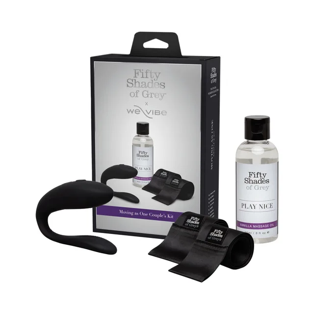 black Fifty Shades Moving As One kit with curved device, satin restraints and oil bottle