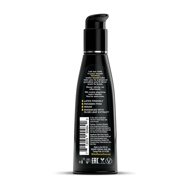 Back of Wicked Aqua Mango 4 oz bottle with ingredient and barcode panels