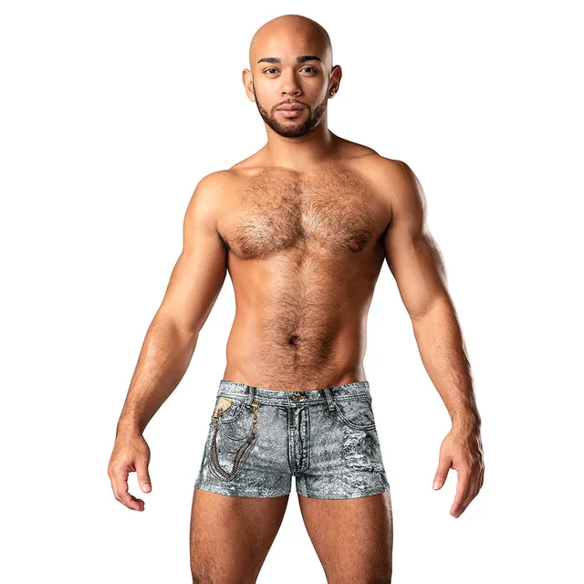 Male model wearing gray denim-print Matchmaker Mini Short size S