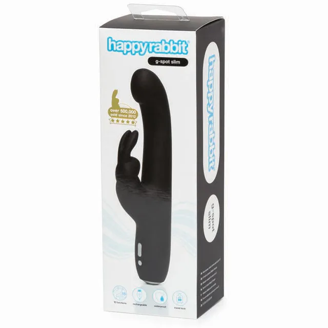 Happy Rabbit G-Spot Slim black vibrator inside white-and-blue retail box