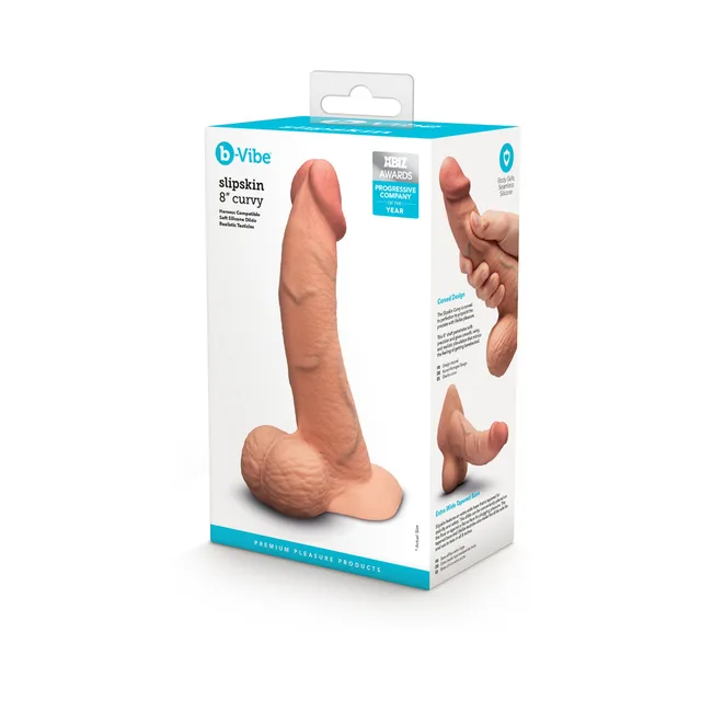 b-Vibe Slipskin Curvy 8-inch dildo shown in retail box