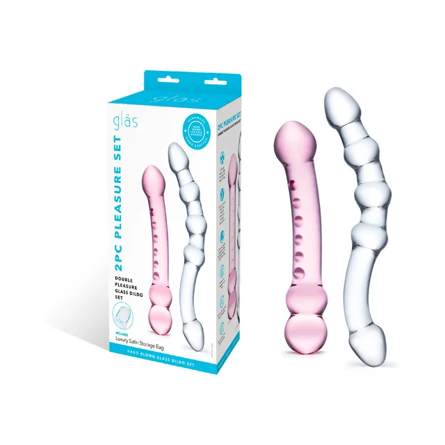 Glas Double Pleasure box with pink and clear glass dildos