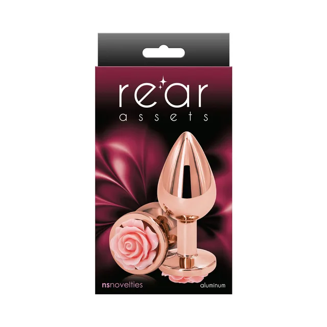 Rear Assets medium pink rose anal plug retail package