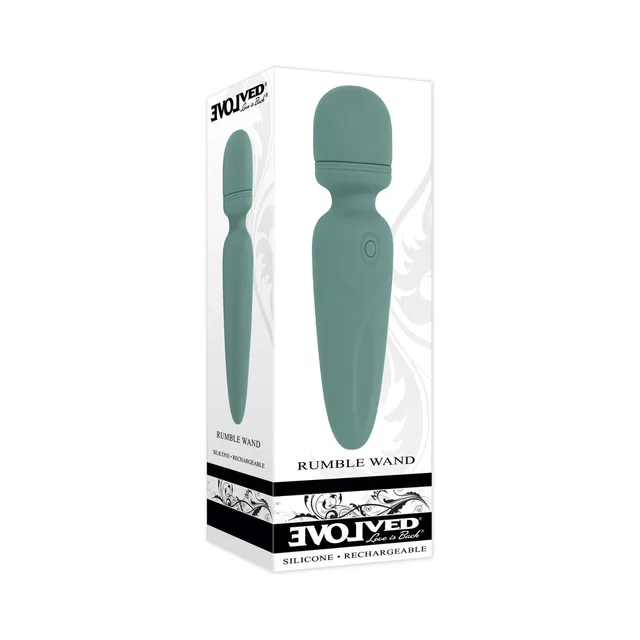 Green Evolved Rumble Wand mini vibrator pictured in white retail box