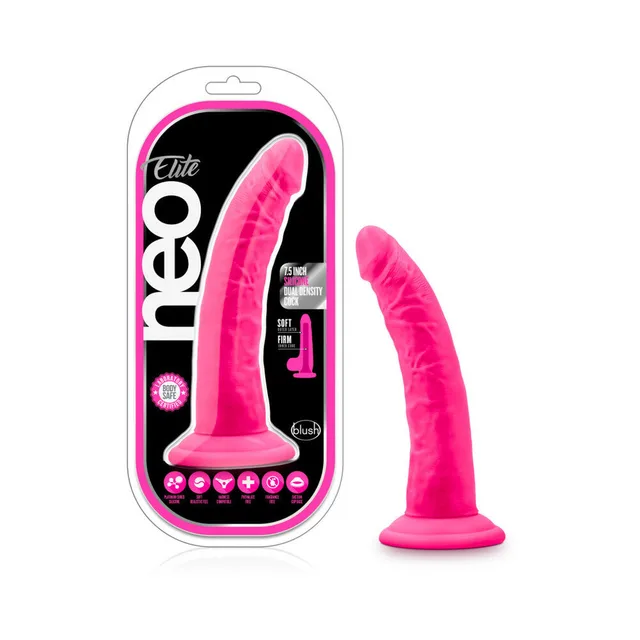 Blush Neo Elite neon pink curved dildo beside black-and-pink clear retail package