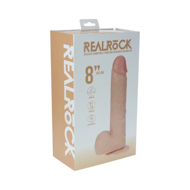 Beige Shots RealRock 8-inch thrusting vibrating dildo pictured on retail box