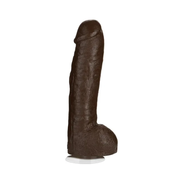 Doc Johnson Bam R5 Dark Brown 13 Inch Dildo upright product on clear circular base
