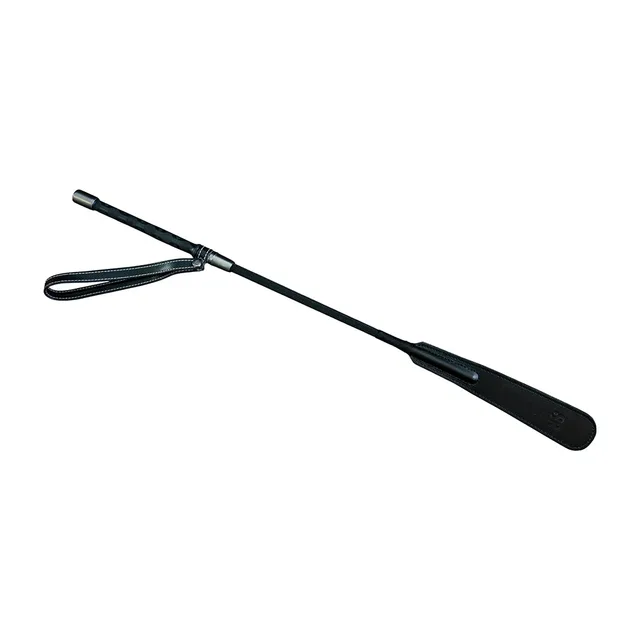 Black riding crop with looped tip, slim shaft and tapered paddle handle