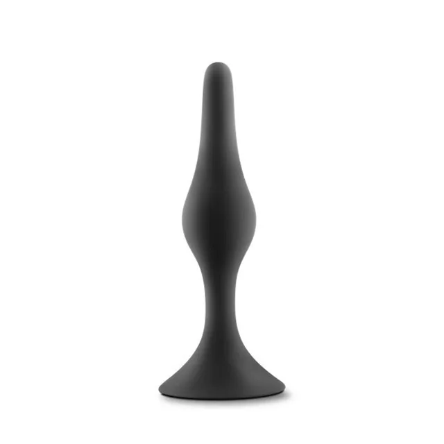 Upright front view of small tapered black silicone plug