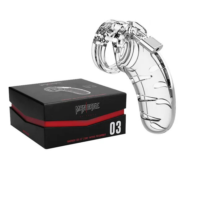 Shots ManCage Model 03 Clear Cage beside black box
