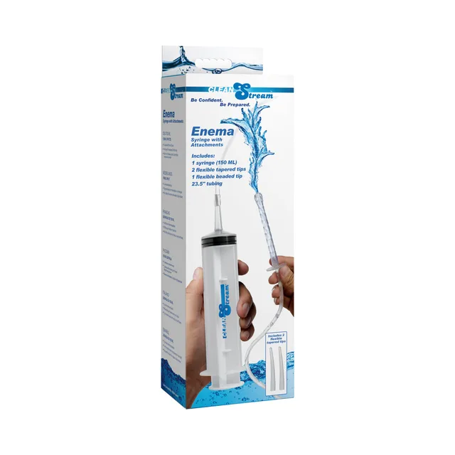 CleanStream clear enema syringe kit with long tube and nozzle components on blue-white retail box