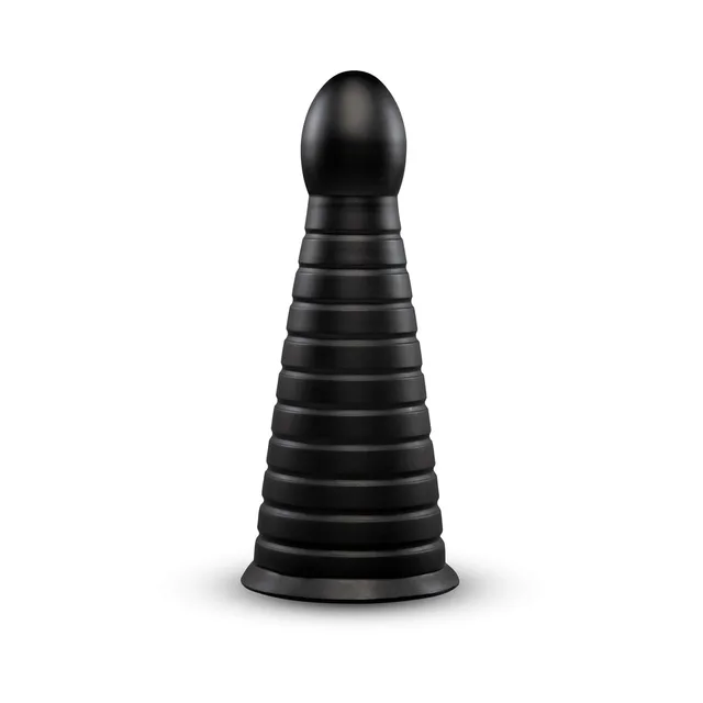 b-Vibe Cone 10-inch black ribbed dildo front upright view