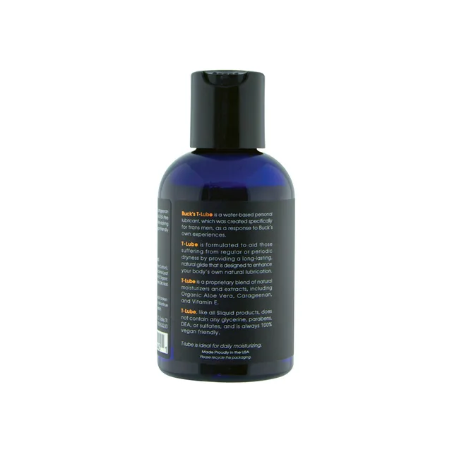 Angled rear view of T-Lube blue bottle with white directions text