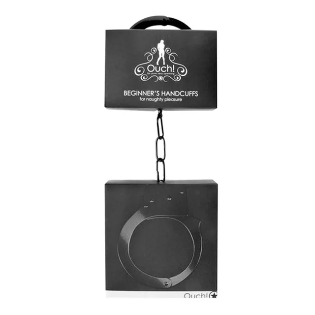 Ouch Beginner's Black Metal Handcuffs in hanging package