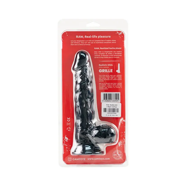 Camtoyz Raw Grille black 8-inch dildo rear of red and white blister packaging