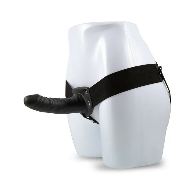 Black Dr. Skin 6-inch hollow strap-on mounted on mannequin with black harness