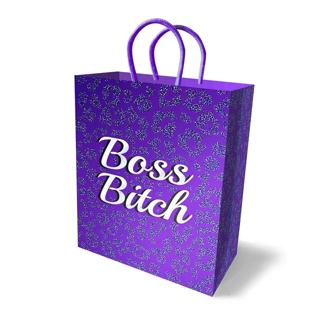 purple Boss Bitch paper gift bag with dark glitter leopard pattern and handles