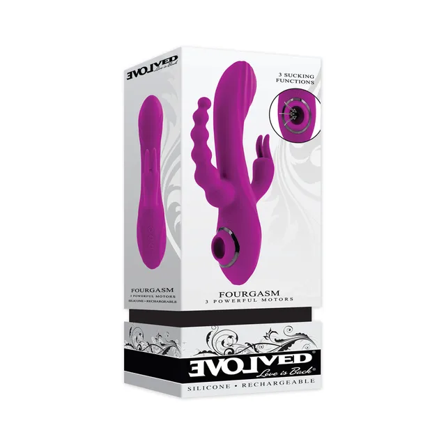 Evolved Fourgasm retail box with purple multi-arm vibrator