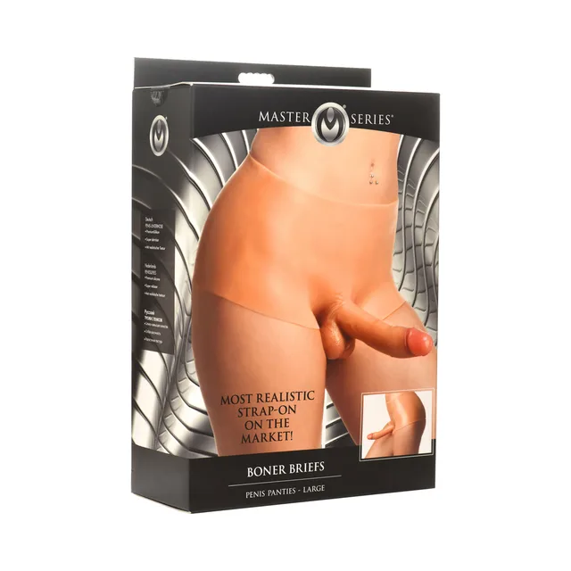 Master Series Boner Briefs box showing tan silicone penis panties