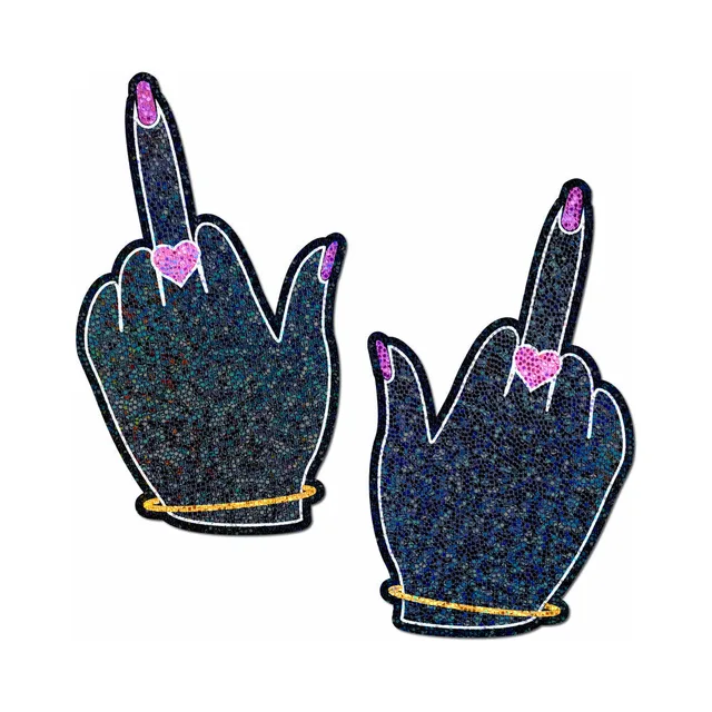 blue glitter middle-finger Pastease pasties with pink heart details