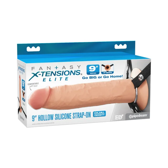 Light-tone Fantasy X-Tensions Elite 9-inch hollow strap-on on box