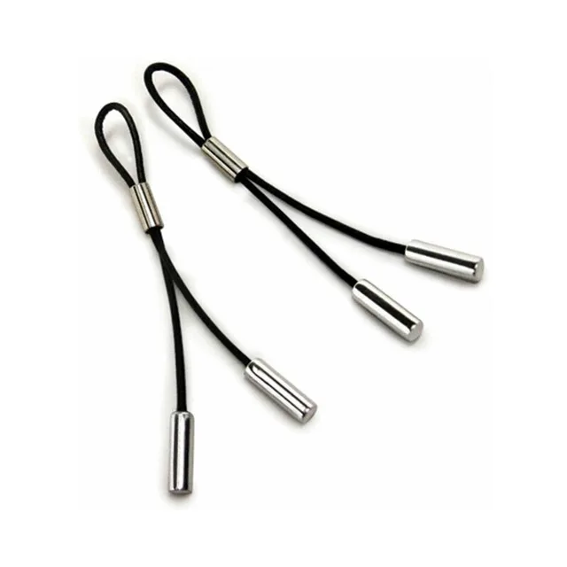 pair of black leather cord nipple tassels with silver-tone slides and cylindrical tips