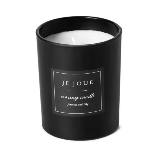Front view of black glass Je Joue Jasmine and Lily candle