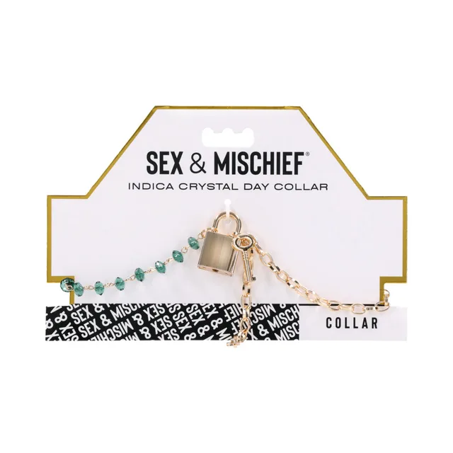 Sportsheets Indica day collar with green gems, gold chain, lock and key